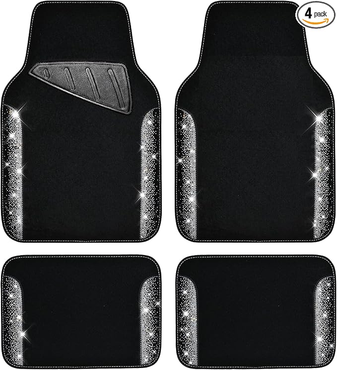 CAR PASS Bling Car Mats Shining Diamond Carpet Crystal Rhinestone Sparkly Glitter Floor Mats with Anti-Slip PVC Pad Universal Fit Automotive SUV,Sedan,Van,4pcs for Girl Women, Black Sliver Diamond