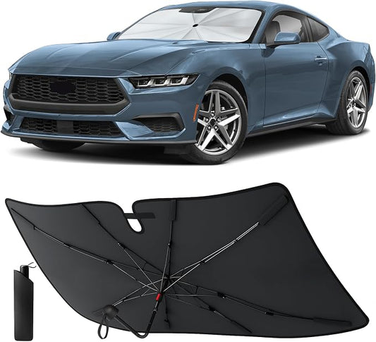 EcoNour Windshield Sun Shade & Window Tint for Ford Mustang 2015–2026 | Foldable Front Windshield Sunshade with 8-Rib Frame | 280T UV Protection Car Sun Visor Heat Shield Interior Protector