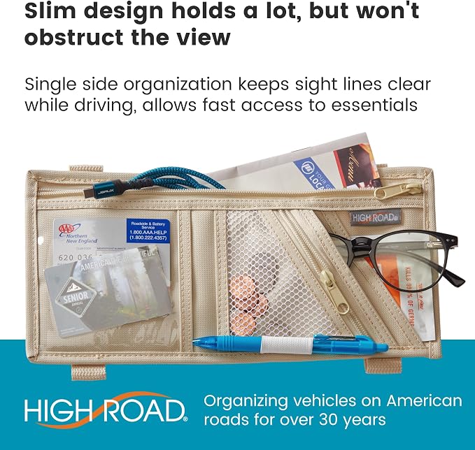 High Road Car Visor Organizer and Sun Visor Document Holder with Pockets | Slim Car Visor Organizer with Pockets Holds Registration and Insurance Cars, Pens and Papers Within Easy Reach