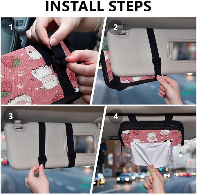Cows Strawberry Flower Car Tissue Holder Durable Napkin Holder Hanging Tissue Holders Case Car Tissues Bag for Sun Visor Seat Back Universal Auto