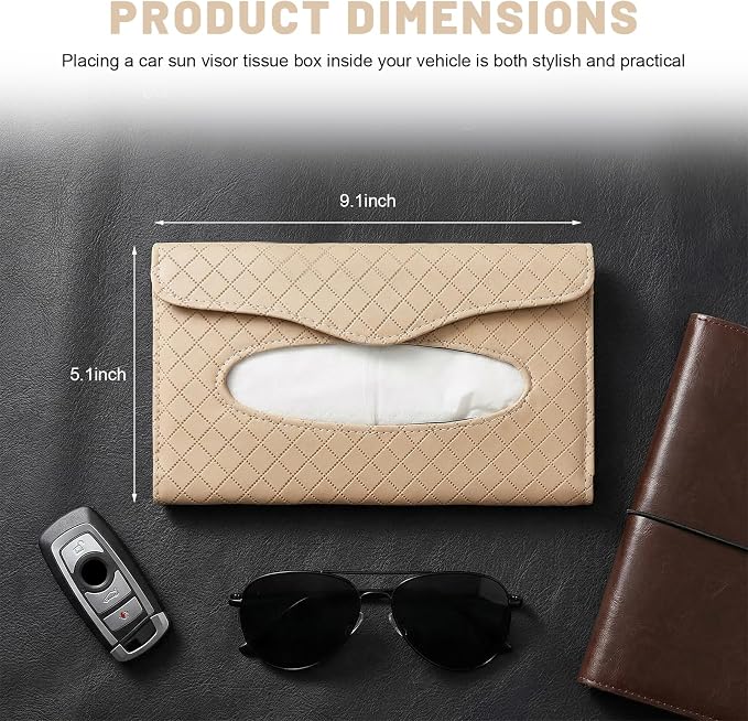 Car Tissue Holder, Auto Sun Visor Napkin Holder Hanging Paper Towel Dispenser with Tissue Refill, Easy Access Leather Paper Towel Storage Case for Most Vehicle Visors (Beige)