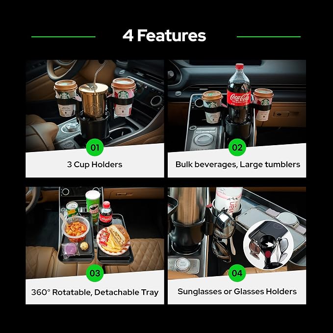 Triple Car Cup Holder Expander Attachable 2 Tray with Adjustable Base and Large Bottles