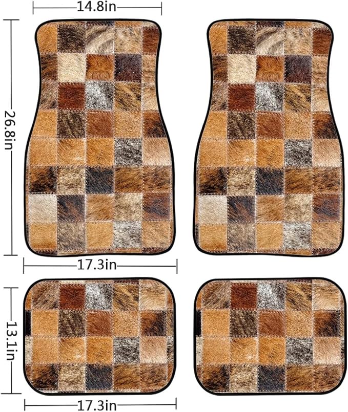Faux Cowhide Patchwork Print Car Floor Mats Set of 4 Retro Cow Fur Pattern Universal Vehicle Floor Carpet Decorative Auto Front Rear Foot Rugs for Trucks SUV Sedan