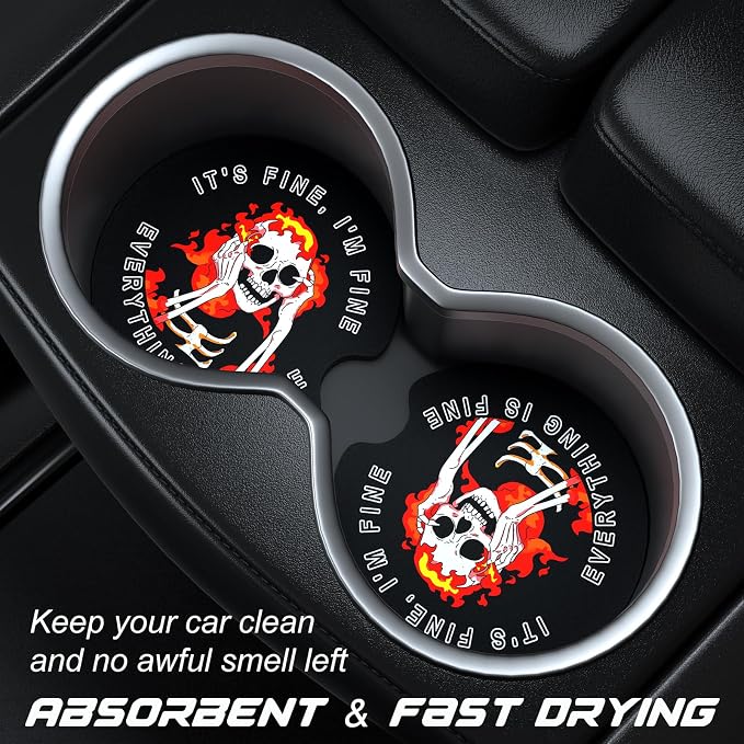 Aiawoxc Car Cup Holder Coasters, 2 Pack Universal Auto Anti Slip Insert Coaster with A Finger Notch, Cute Car Assecories for Women Men, Cup Mat for Most Interior, Fine Skull