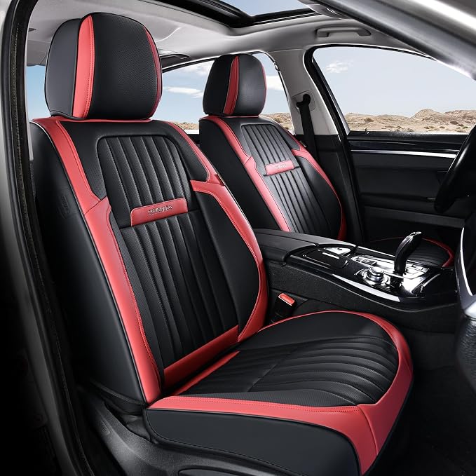 Coverado Car Seat Covers Front Seats, Seat Covers for Cars, Car Seat Protector, 2-Pack Car Seat Cushion Nappa Leather, Waterproof Seat Covers Carseat Cover Universal Fit for Most Cars(Red&Black)