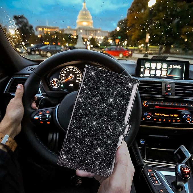 TOURSUIT Car Registration and Insurance Card Holder, Glitter Black | Vehicle License Document Organizer, Glove Box Compartment, Interior Car Accessories, For Women Men