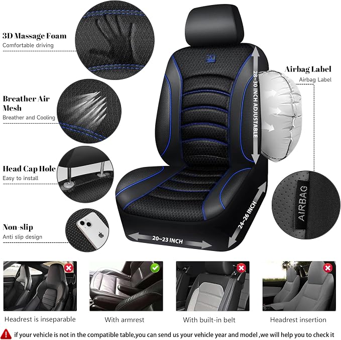 CAR PASS Comfortable 3D Foam Mesh Leather Car Seat Covers Front, Air Cool Mesh Breathable Front Seat Covers for Car, Universal Fit for SUV Truck Sedan Automotive, Airbag Compatible,Black Blue