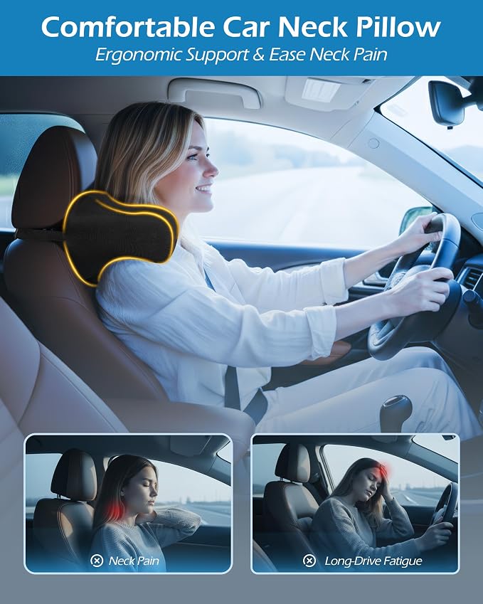 Lofty Aim 2 Pack Car Neck Pillow, Car Headrest Pillow | Ergonomic Memory Foam Headrest Pillow for Driving, Adjustable Neck Support Cushion, Head Rest Pillows for Car Seat, Black