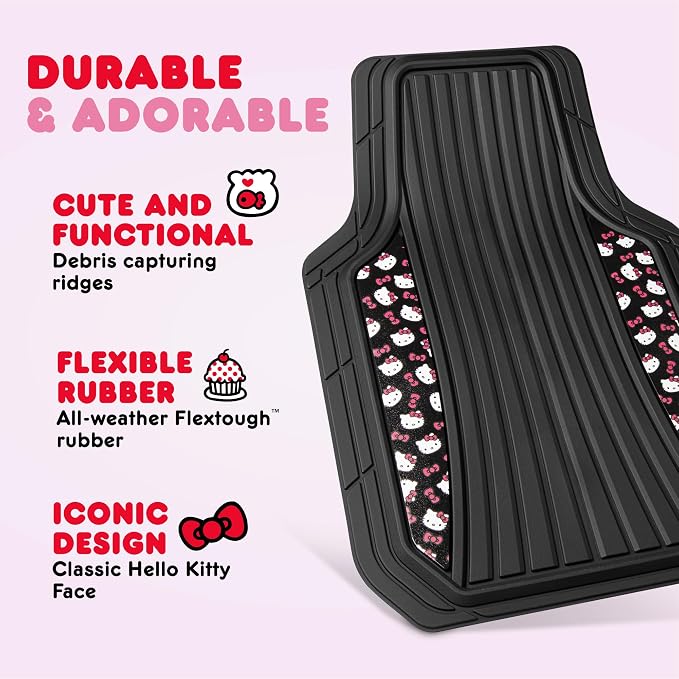 Hello Kitty Car Mats 4pc Floor Mats for Cars Trucks SUVs Black Car Floor Mats for Women Men Accessories Rubber Heavy Duty Cute Non-Slip Always Front Rear Hello Kitty Cars Accessories Black/Red