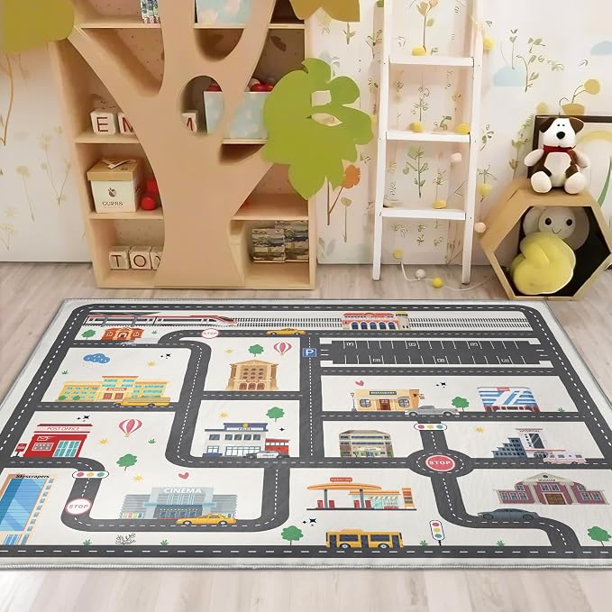 Nayoroom Kids Car Road Playroom Rug, Faux Wool City Map, Non-Slip, 5 x 7 ft | Interactive city road map; Car-friendly routes; Soft faux wool surface; Non-slip backing; Easy-care room accent