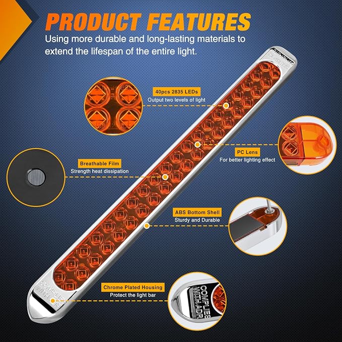 Nilight LED Tail Light 2PCS 17" 40LED Amber Running Tail Turn Signal Lights | W/ Chrome Bezel Waterproof Surface Mount For 12V Towing Trailer Truck RV Camper Boat Identification
