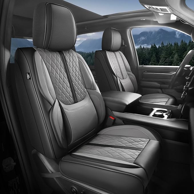 Seat Covers for 2019-2026 Dodge Ram 1500/2500/3500, Flat Bench | lumbar padded, premium waterproof leather, full coverage, anti-slip, storage pockets, long-term durability, airbag compatible