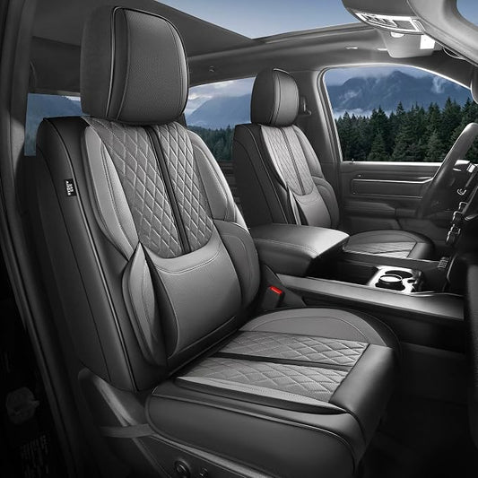 Seat Covers for 2019-2026 Dodge Ram 1500/2500/3500, Flat Bench | lumbar padded, premium waterproof leather, full coverage, anti-slip, storage pockets, long-term durability, airbag compatible