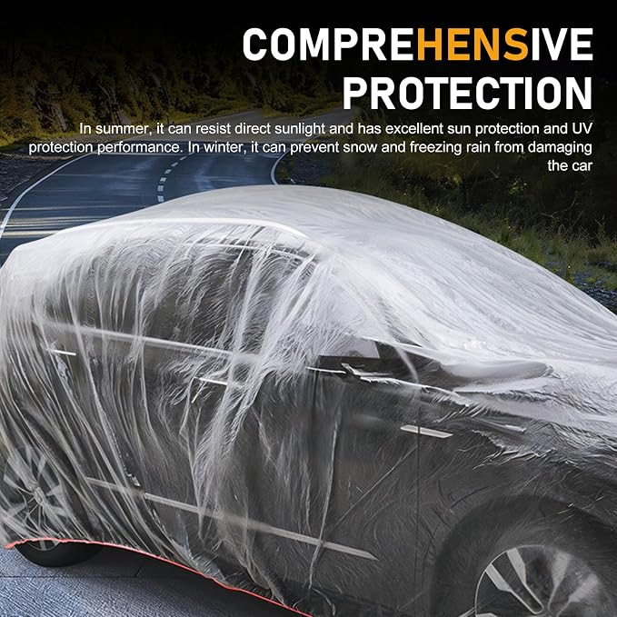 1 PC Disposable Car Covers, 11.5 FT x 19.7 FT Clear Plastic Car Cover, Rain Dust Garage Cover with Elastic Band, Universal for Cars Sedans SUVs (Transparent, M)