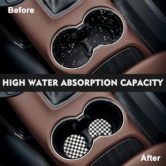 2 Pack Car Coasters for Cup Holders, Absorbent Ceramic Cup Coaster with Cork Base and Finger Notch, Cute Car Accessories Interior for Women Men (Grid-Black)
