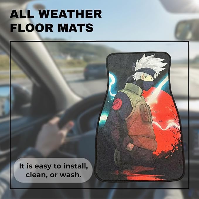 Anime Car Carpet Mat Set of 2 Front, Kashi Red Design Automotive Accessories Interior All Weather Floor Mats Decor with Non Slip Black Anti Skid Backing