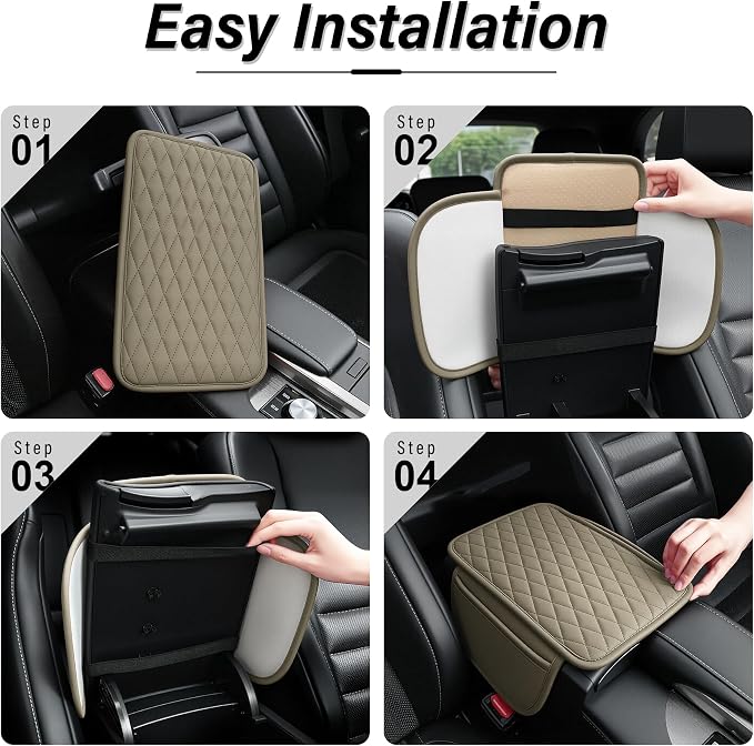 Amiss Car Center Console Cover, Upgraded Leather Car Armrest Cushion with 2 Storage Pockets, Universal Waterproof Cushion Pad, Non-Slip Car Interior Accessories, Fits Most Sedans SUVs Trucks (Beige)