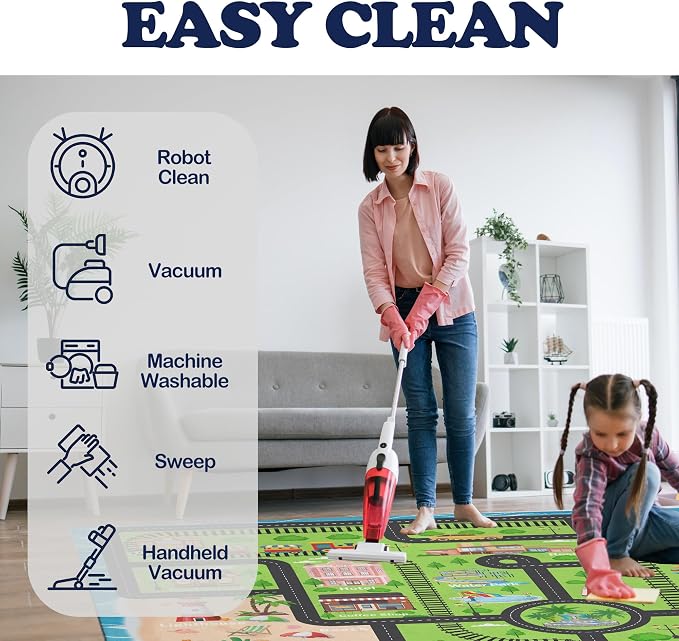 Nayoroom Kids Island Train Map Rug, Faux Wool Track Map, Non-Slip, 5 x 7 ft | Island map and train tracks; Rail-route play; Soft faux wool surface; Non-slip backing; Easy-care finish