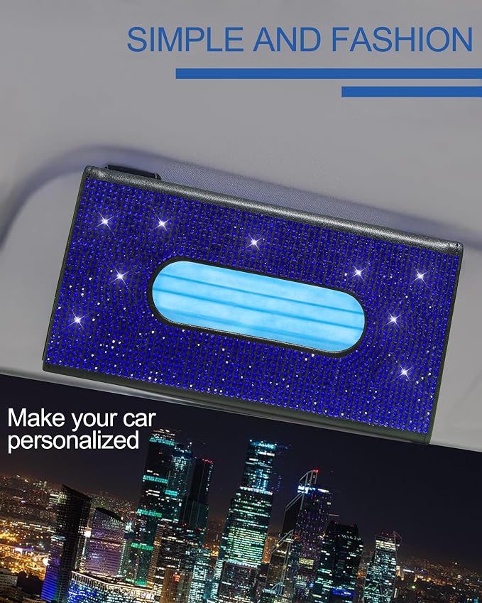 Bling Car Sun Visor Tissue Box Holder,PU Leather with Bling Crystal Rhinestones Tissue Holder,Car Accessories for Women (Blue)