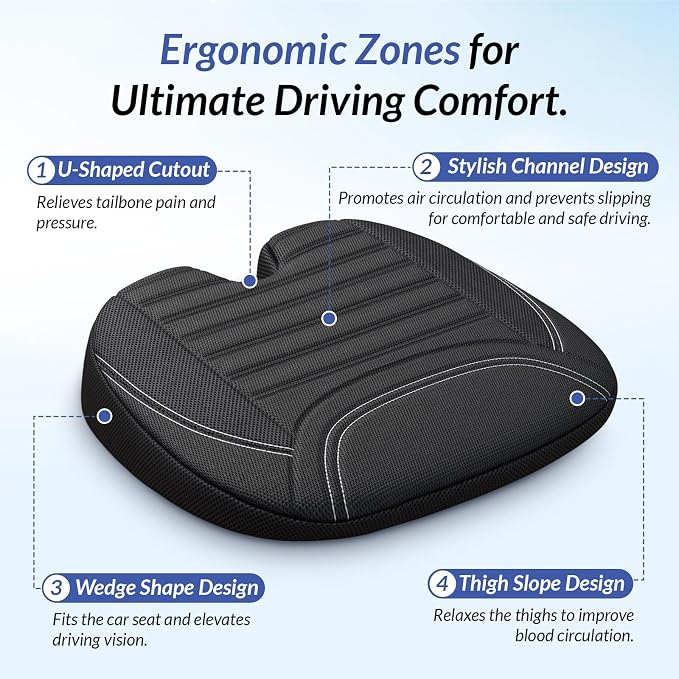 ZIKEE Wedge Car Seat Cushion for Tailbone Pain Relief & Better Visibility | Ergonomic Memory Foam Seat Cushion for Car with Breathable Channel Design, Fits Car, SUV, Truck, Non-Slip Mesh Cover