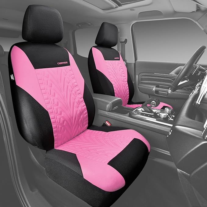 CAR PASS Car Seat Covers Two Front Only for Car, 3D Tyre Print Automotive Interior Covers, Airbag Compatible, Quick Setup Universal Fit Seat Covers for Car, Truck, SUV(Black and Pink)