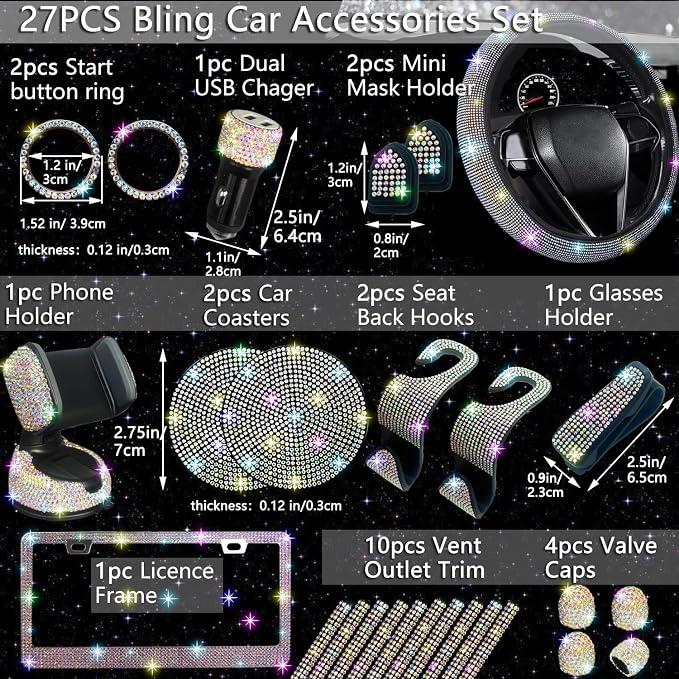 NBTEPEM 27 PCs Multicolor Bling Car Accessories Set for Women, Steering Wheel Covers Universal Fit 15 Inch, Bling License Plate Frame, Bling Phone Holder, Bling Car Coasters