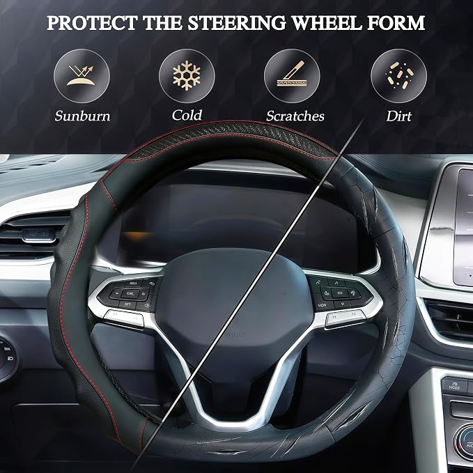 Leather Car Steering Wheel Cover, 14.5-15Inch Anti-Slip Steering Wheel Cover, Universal for Cars Truck SUV, Car Accessories (Black - red line)