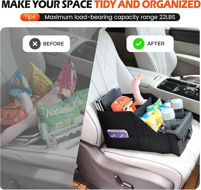 Car Seat Organizer with Cooler Compartment for Front & Rear Seats | 11 Storage Pockets, 2 Cup Holders, Durable Oxford Fabric, SUV & Truck Compatible, Ideal for Kids Family Road Trips