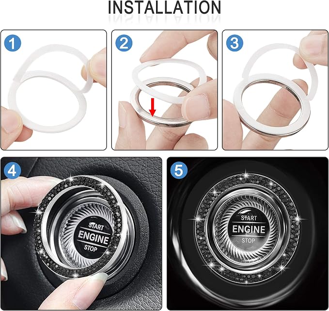 WINKA 2pcs Bling Car Engine Start Button Cover Diamond Crystal Push Start Stop Button Ring Sparkly Bling Ignition Button Cover Rhinestone Keyless Ignition Ring Universal Car Accessories (Black)