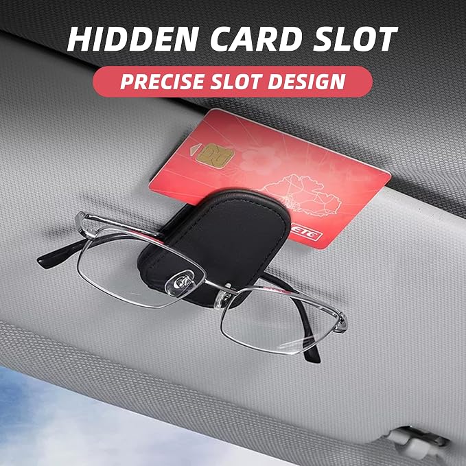 2PCS Sunglasses Holders for Car Sun Visor, Leather Eyeglasses Hanger Mounter, Magnetic Glasses Holder and Ticket Card Clip, Universal Auto Interior Accessories (Black, 2PCS)