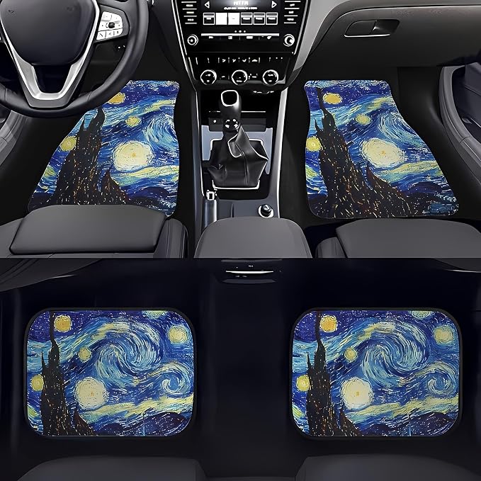 Universal Fit Car Floor Mats Set of 4Pcs, Retro Starry Night Pattern All-Weather Front Rear Car Carpet Mats, Non-Slip Car Floor Mat Car Accessories for Automotive Trucks SUV Sedans Vans