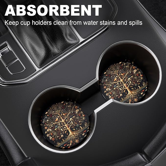 2 Pack Car Cup Holder Coaster, 2.63 inch Anti Slip Insert Absorbent Ceramic Car Coaster with Cork Base and Finger Notch, Cute Car Accessories Interior for Women, Cute Car Coasters.