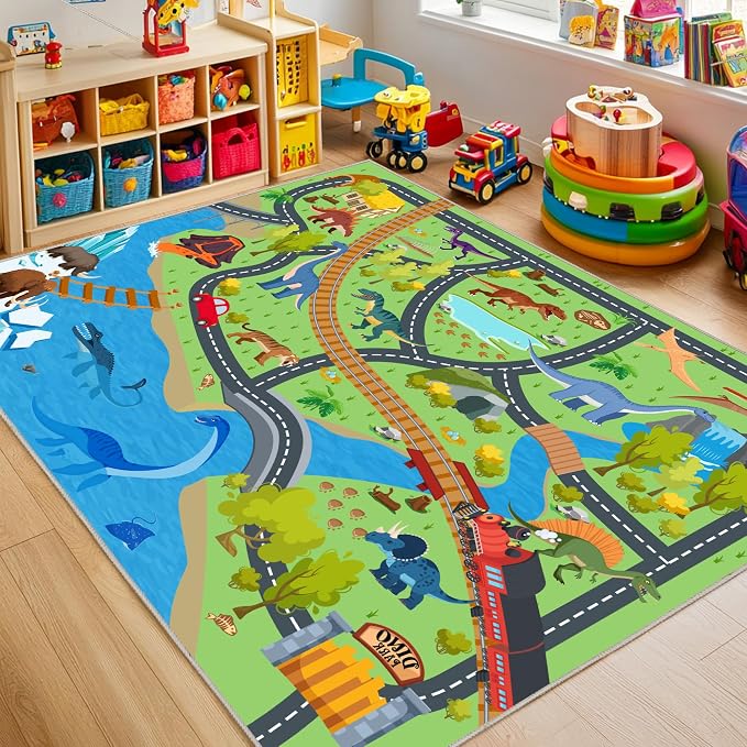 Kids Rugs for Playroom - Non-Slip 7x9 ft Car Rug Dinosaur Play Mat | Soft Fabric, Childrens Dinosaurs Carpet, Washable Rug for Classroom Nursery Bedroom Boys, Stain and Flame Resistant