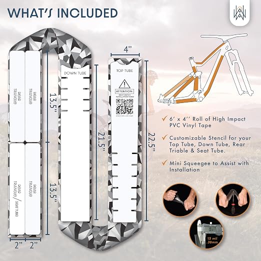 Bike Frame Protection Tape- High Impact Clear Vinyl Wrap Includes Tool (4”x72) Bicycle Frame Protector, Mountain Bike Frame Guard Chainstay Protector (Geometric Camouflage)