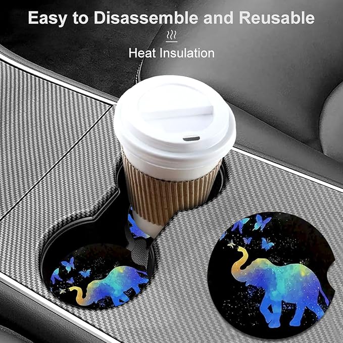 2 Pack Elephant Car Cup Holder Coasters Universal Neoprene Coasters | 2.75" Universal Size Anti Slip Rubber Mat, Auto Cup Holder Decor Accessories for SUV Truck, Elephant Gifts for Women Men Mom