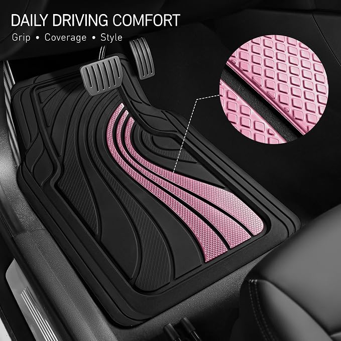Road Comforts Car Floor Mats Full Set – Front & Rear Car Floor Mats with Aluminum Design, Anti-Slip Backing, All-Weather Protection, Trim-to-Fit Car Mats for Most Sedans, SUVs & Vans - Pink