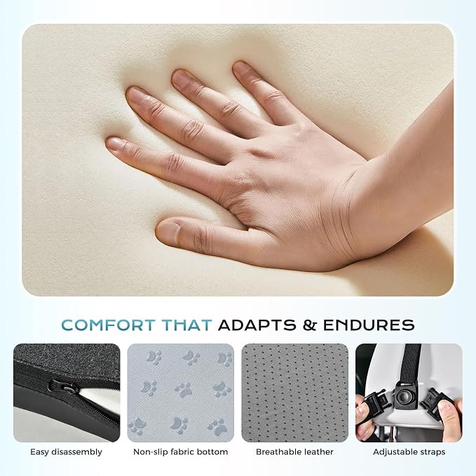 Coverado 2-in-1 Lumbar Support Headrest Pillow, Adjustable-Height Velcro Design Car Neck Pillow, Ergonomic Memory Foam Back Support for Car, PU Leather Cushion for Neck Back Pain Relief, Blackgray