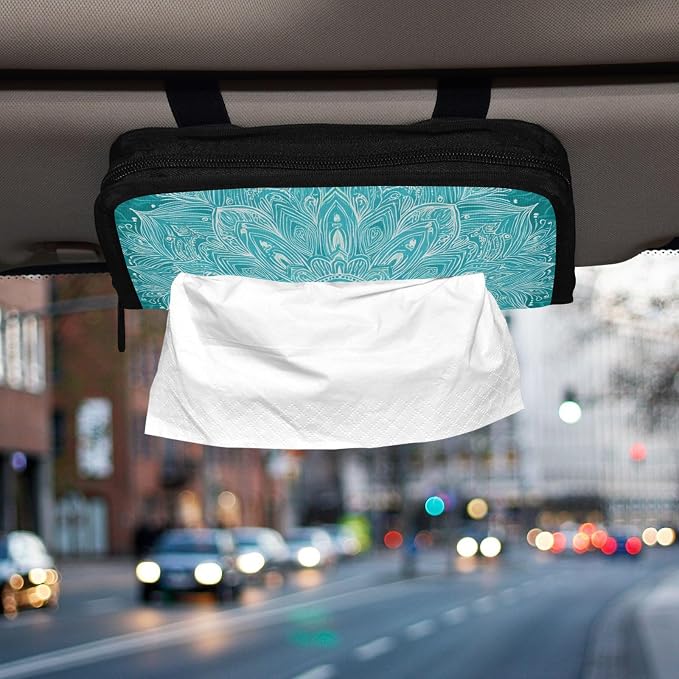 Car Tissue Holder Car Napkin Holder Tissue Box Dispenser Storage Case Sun Visor Mask Holder Accessories with Adjustable Straps Reusable Refillable Vintage Turquoise Mandala