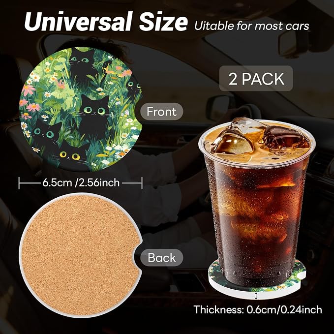 Car Cup Holder Ceramic Coasters 2 Pack, 2.56 in Anti Slip Absorbent Coaster with Cork Base and Finger Notch, Funny Cute Car Accessories Interior for Women, Some Cats