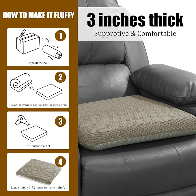 HOMBYS Tufted Furry Recliner Seat Cushion for Elderly Foam Curved Edge Large Square Seat Cushion for Recliner Chair, Floor Pillow, Office Chair, Car, No Pressure on Thighs(Coffee)