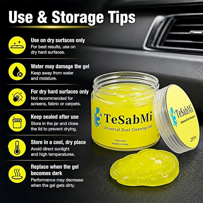 TeSabMi Car Cleaning Gel, Reusable Cleaning Putty for Vents & Gaps, 160g | For air vents, dashboard gaps, cup holders and console buttons; picks up dry dust, crumbs and lint. No water needed.