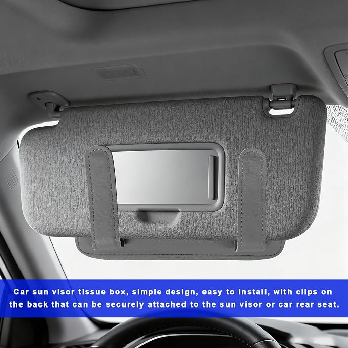 Car Tissue Holder, PU Leather Auto Sun Visor Tissue Case Napkin Holder with Zipper, Rectangular Mask Dispenser Hanging Paper Towel Organizer for Cars SUVs Trucks RVs (Gray)