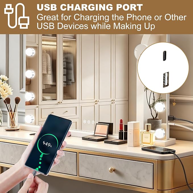 Ratsamee 26" x 20" Hollywood Vanity Mirror with Lights, 16 Dimmable Bulbs, 3 Color Lights,Make Up Lighted Mirror, Aluminum Metal Frame, USB Charging Port