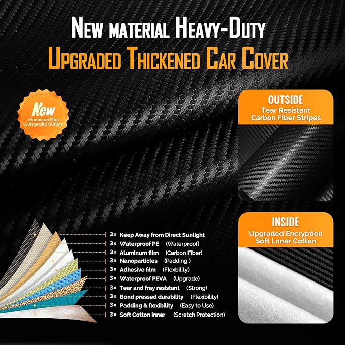 Heavy Duty Car Cover for Automobiles All Weather Waterproof, Outdoor Snowproof UV Protection Windproof, Door Zipper, Soft Cotton Universal Car Covers (Black, Fit Sedans 201"-210")