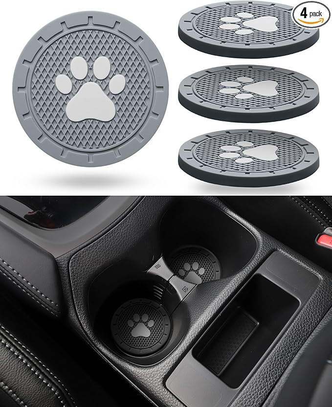 Coaster for Car Cup Holder - 4 Pack Silicone Auto Car Drink Coasters Mat Dog Paw Print Universal Non-Slip Inserts Car Interior Accessories, Grey