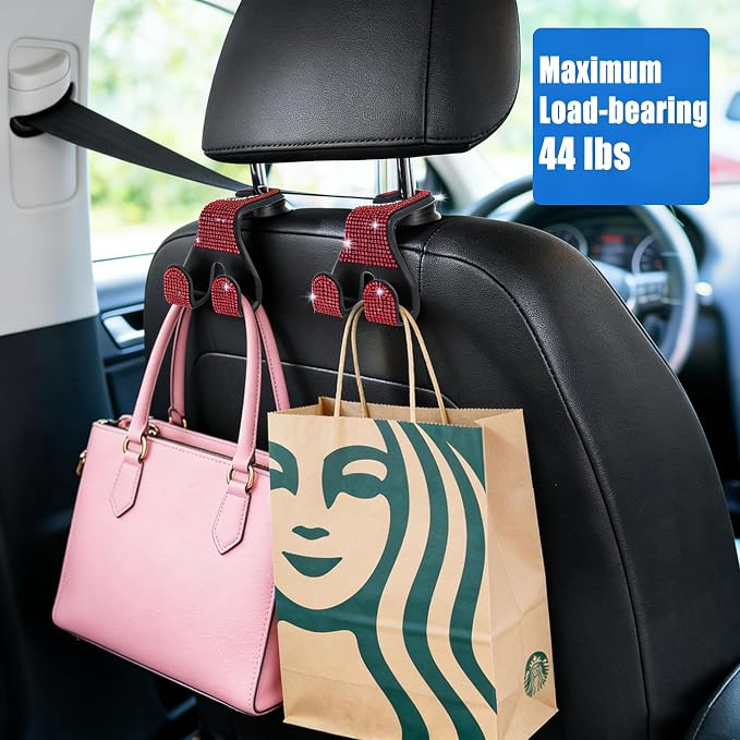 Bling Car Purse Hooks 2Pcs, Rhinestones Car Headrest Hook Backseat | Double Hooks,Holds 44Lbs,Wide Opening,Durable Nylon,Car Seat Hook,Purse Holder,Bling Car Accessories for Women,Red
