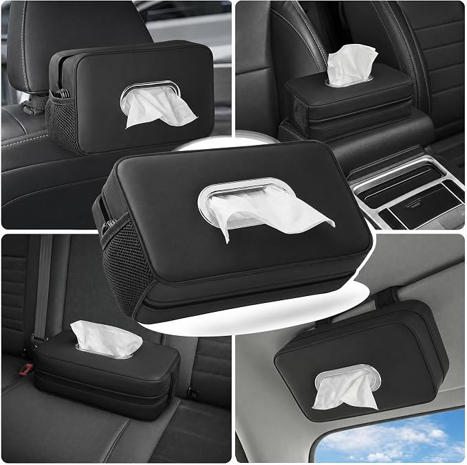 Car Tissue Box Holder, PU Leather car Napkin Organizer with Pockets | Fits Full Tissue Box, Secure Easy Install, Dual Mesh Storage Pockets, Great Gift for Drivers