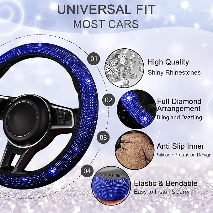 NBTEPEM 12 Pcs Bling Car Accessories Set for Women Car Floor Mats Full Set Steering Wheel Cover Seat Belt Covers Coasters Universal Fit Car SUV Truck Van Blue