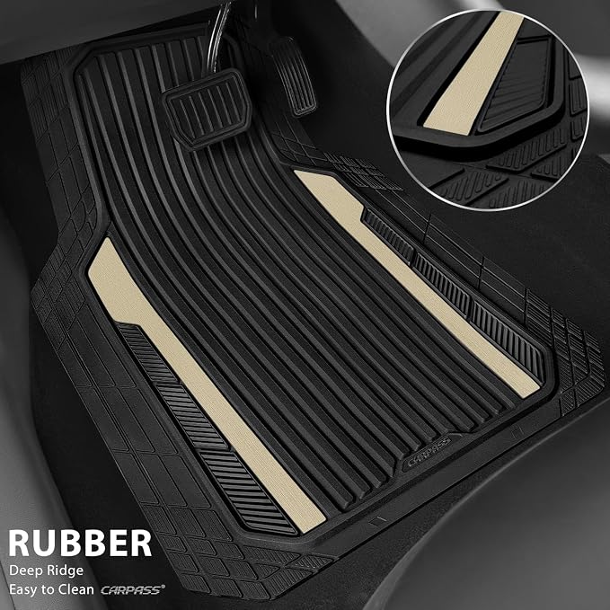 CAR PASS Heavy Duty Rubber Car Mats Metallic, Aluminum Film All Weather Floor Mats Waterproof Universal Trim to Fit for SUV Sedan Van 4 Piece Deep Dish Two-Tone Sporty Black Golden Chrome
