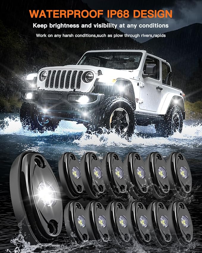 White Rock Lights,LEDMIRCY R1 LED Rock Lights Kit with Toggle Switch Wiring Harness 12PCS Luces para Carro for Trucks ATV UTV Golf Cart Under Glow Light High Power IP68 Waterproof